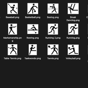 May include: A black and white image showing icons for various sports and activities, including archery, badminton, baseball, basketball, boxing, break dancing, climbing, cycling, dodgeball, fencing, marksmanship, rowing, running, sailing, football, sprinting, swimming, table tennis, taekwondo, tennis, volleyball, weight lifting, and wrestling.
