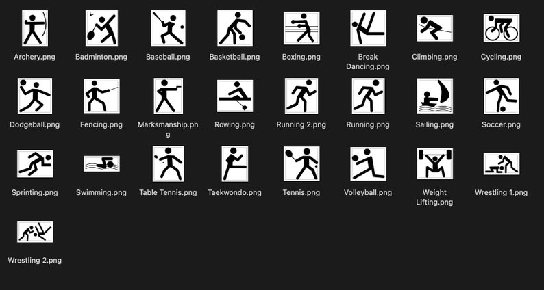 May include: A black and white image showing icons for various sports and activities, including archery, badminton, baseball, basketball, boxing, break dancing, climbing, cycling, dodgeball, fencing, marksmanship, rowing, running, sailing, football, sprinting, swimming, table tennis, taekwondo, tennis, volleyball, weight lifting, and wrestling.