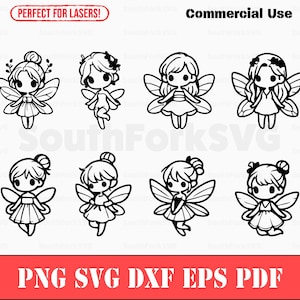 May include: Eight black and white illustrations of fairies with wings. Each fairy has a different hairstyle and expression. The fairies are all wearing dresses and have small, delicate wings.