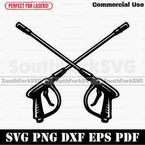 May include: Black and white graphic of two crossed spray guns. The image includes the text "Commercial Use" and "SVG PNG DXF EPS PDF". The text "Perfect for Lasers!" is also present.