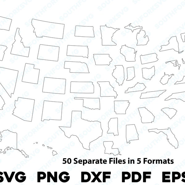 Eenvoudig 50 staten van de VS individuele contouren vormen svg png dxf pdf eps vector grafisch ontwerp gesneden gravure laserbestand afbeelding vormen kaart Amerika