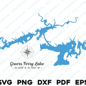 Greers Ferry Lake Arkansas carte forme Silhouette contour svg png dxf pdf eps image vectorielle découpée gravure fichier laser colorant sub image