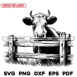 柵の後ろから覗く牛 レーザー彫刻ファイル svg png dxf eps pdf | ベクターグラフィックデザイン カットプリント ダイサブ CNC デジタルファイル 商用利用