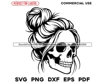 Messy Hair Bun Skull Design | svg png dxf eps pdf | vector graphic design cut print laser engrave files | digital download commercial use