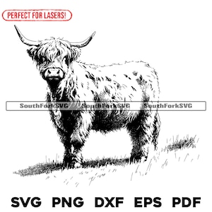 Könnte beinhalten: Schwarz-Weiß-Illustration einer Highland-Kuh mit langem, zotteligem Fell und Hörnern. Das Bild enthält den Text "SouthForkSVG" und Dateitypoptionen: SVG, PNG, DXF, EPS und PDF. Der Text "PERFECT FOR LASERS!" ist ebenfalls vorhanden.