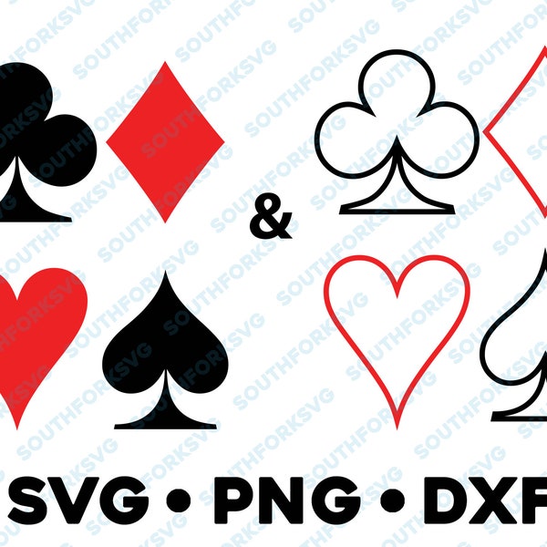 Playing Cards Symbols SVG PNG DXF Bundle Solid Colors & Transparent Outlines Cut File  Silhouette Ace Spades Clubs Hearts Diamonds