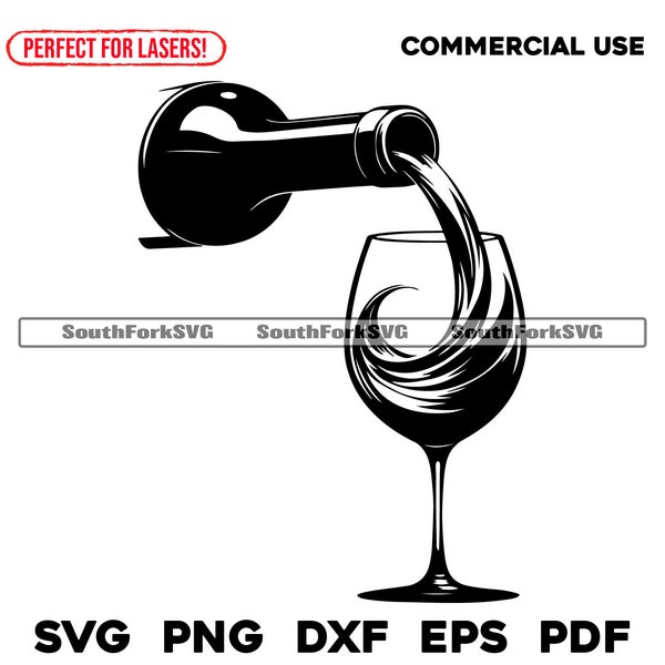 Wine Pouring Into Glass Design | svg png dxf eps pdf vector graphic cut print dye sub laser engrave digital file commercial use