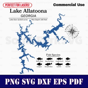Lake Allatoona Georgia Map Data, Fish Species | Laser Ready CNC Print Dye Sub | svg png dxf eps pdf | Instant Download Commercial Use