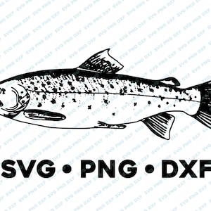 Puede incluir: Ilustración en blanco y negro de una trucha. El pez está mirando hacia la izquierda y tiene un diseño detallado con escamas y aletas. El texto "SVG.PNG.DXF" está debajo del pez.