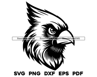 May include: Black and white line art illustration of a cardinal bird's head. The bird is looking to the right with its beak open. The illustration is in a profile view.