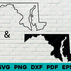 May include: Outline and filled-in black silhouette of the state of Maryland. The outline is on the left and the filled-in silhouette is on the right. The text "&" is between the two images. The text "SVG PNG DXF PDF EPS" is below the images.