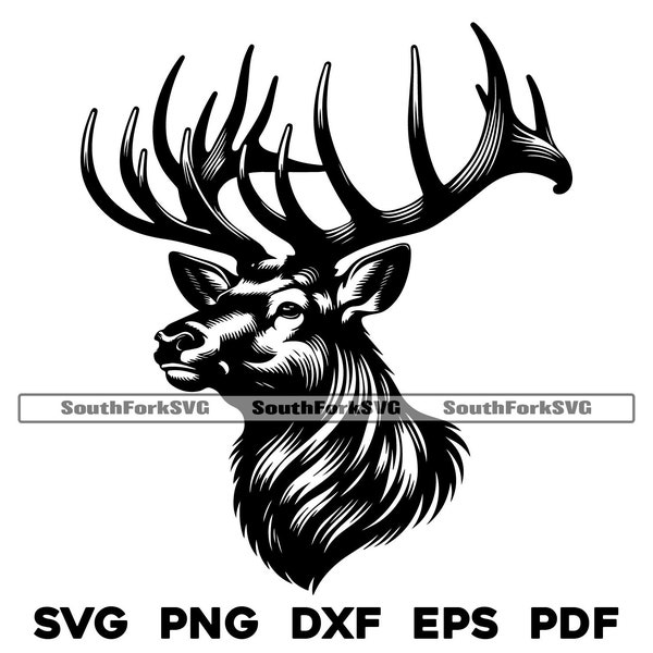 Male Elk Bull Head Mount | svg png dxf eps pdf | vector graphic cut file laser clip art | instant digital download commercial use