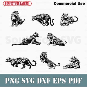 May include: Black and white illustrations of leopards in various poses. The image includes the text "Commercial Use" and "Perfect for Lasers!" at the top. The bottom of the image displays "PNG SVG DXF EPS PDF".