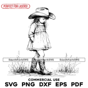 Fichier de gravure au laser Mignonne petite cow-girl | svg png dxf eps pdf | Conception graphique vectorielle transparente teinture imprimée sous utilisation commerciale
