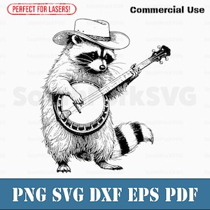 Raton laveur jouant du banjo svg png dxf eps pdf | Fichiers d'impression découpés au laser, image vectorielle clipart | Téléchargement instantané, utilisation commerciale