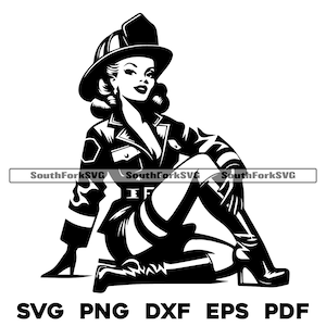 May include: Black and white illustration of a woman wearing a firefighter's uniform and helmet. She is sitting with her legs crossed and her right hand on her hip. The image includes the text "SouthForkSVG".