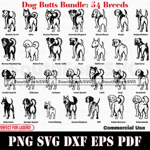 Könnte beinhalten: Schwarz-Weiß-Illustrationen von 54 Hunderassen, jeweils von hinten dargestellt. Der Text "Dog Butts Bundle: 54 Breeds" steht oben. Enthält die Dateiformate: PNG, SVG, DXF, EPS und PDF.