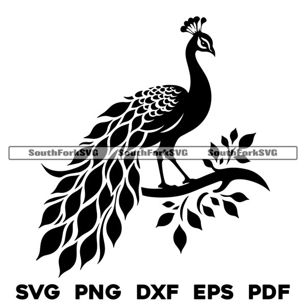 Einfaches Pfau auf Zweig Design | svg png dxf eps pdf | Vektorgrafik Design Cut Print Dye sub Laser gravieren digitale Dateien Kommerzielle Nutzung