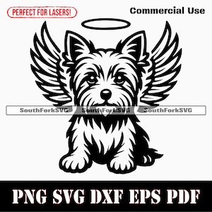 Yorkshire Terrier cane ali d'angelo e alone svg png dxf eps pdf grafica vettoriale file di taglio laser clip art download digitale istantaneo uso commerciale