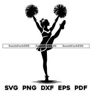 May include: Silhouette of a cheerleader in a skirt and pom-poms, kicking one leg up in the air.