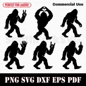 Peut inclure: Images de silhouettes noires de Bigfoot dans diverses poses, notamment un signe de paix, une forme de cœur, marchant, faisant un signe de la main, rock on et faisant un doigt d'honneur. Le texte "Commercial Use" et "PNG SVG DXF EPS PDF" sont également présents.