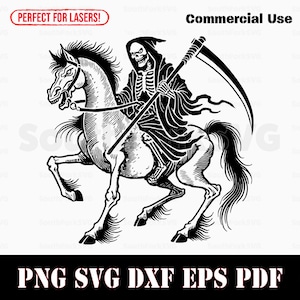 May include: Black and white illustration of Death riding a horse, holding a scythe. The image is a digital download for crafting projects.