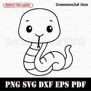Puede incluir: Ilustración en blanco y negro de una serpiente de dibujos animados con ojos grandes y una expresión sonriente. La imagen incluye el texto "Commercial Use" y "PNG SVG DXX EPS PDF".