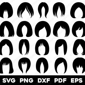 Peut inclure: Un ensemble de 20 images en silhouette noire et blanche de différentes coiffures pour femmes. Les images sont dans un style simple et plat et sont parfaites pour une utilisation dans des projets de conception numérique.