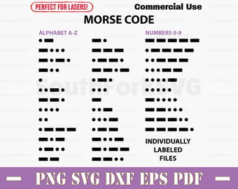 Morsecode alfabet en cijfers 0-9 svg png dxf eps pdf | vector grafisch ontwerp digitale bestanden knippen print laser instant download commercieel gebruik