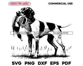 May include: Black and white illustration of a German Shorthaired Pointer dog with a duck in its mouth. The dog is standing in a field of grass.