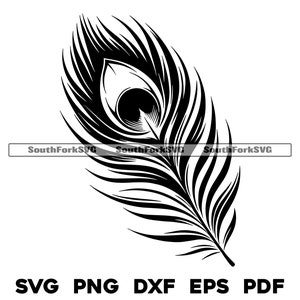 May include: A black and white silhouette of a peacock feather with a detailed eye pattern.