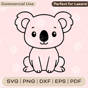 May include: A black and white koala bear illustration on a pink background with white flower accents. The koala is sitting with its legs together. Text at the top says "Commercial Use" and "Perfect for Lasers!" with file type options at the bottom.