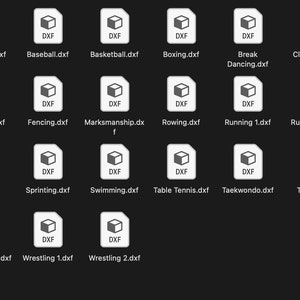 May include: A grid of 20 white squares with a grey cube icon and the text "DXF" in each square. Each square represents a different sport, such as archery, badminton, baseball, basketball, boxing, break dancing, climbing, cycling, dodgeball, fencing, marksmanship, rowing, running, sailing, football, sprinting, swimming, table tennis, taekwondo, tennis, volleyball, weightlifting, and wrestling.