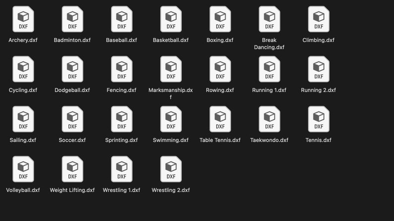 May include: A grid of 20 white squares with a grey cube icon and the text "DXF" in each square. Each square represents a different sport, such as archery, badminton, baseball, basketball, boxing, break dancing, climbing, cycling, dodgeball, fencing, marksmanship, rowing, running, sailing, football, sprinting, swimming, table tennis, taekwondo, tennis, volleyball, weightlifting, and wrestling.