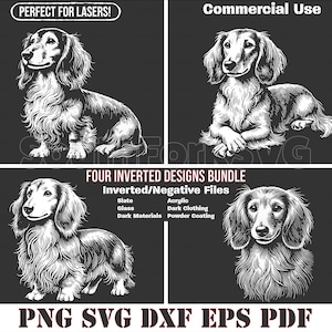 Puede incluir: Cuatro diseños invertidos en blanco y negro de un perro salchicha. Los diseños son perfectos para cortar con láser y se pueden utilizar para una variedad de proyectos, incluyendo manualidades, decoración del hogar y ropa. El texto "FOUR INVERTED DESIGNS BUNDLE" y "Inverted/Negative Files" se muestra arriba de las imágenes. El texto "PNG SVG DXF EPS PDF" se muestra debajo de las imágenes.