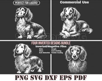 May include: Four black and white inverted designs of a dachshund dog. The designs are perfect for laser cutting and can be used for a variety of projects, including crafts, home decor, and apparel. The text "FOUR INVERTED DESIGNS BUNDLE" and "Inverted/Negative Files" is displayed above the images. The text "PNG SVG DXF EPS PDF" is displayed below the images.