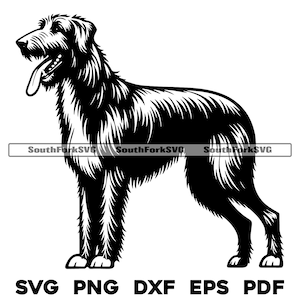 Könnte beinhalten: Schwarz-weiße Illustration eines Irischen Wolfshundes im Stehen mit herausgestreckter Zunge. Das Bild enthält den Text "SVG PNG DXF EPS PDF" unten und das Wasserzeichen "SouthForkSVG" in der Mitte.