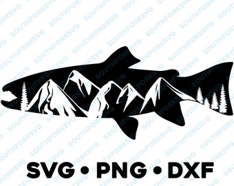 May include: Black and white silhouette of a fish with a mountain range inside of it. The fish is facing right and has a fin on its back. The mountain range is made up of three peaks and is in the center of the fish. The fish is on a white background. The text "SVG.PNG.DXF" is below the fish.