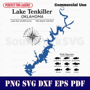 Dados do mapa do Lago Tenkiller Oklahoma, espécies de peixes | Sub de tinta para impressão CNC pronto para laser | svg png dxf eps pdf | Download instantâneo para uso comercial