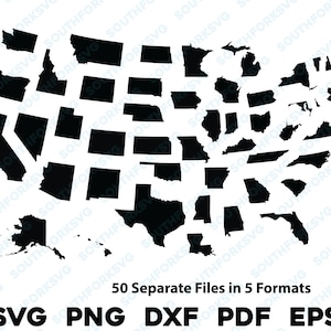 Simple 50 États des États-Unis Silhouettes individuelles formes svg png dxf pdf eps vector design graphique découpé fichier laser image formes carte Amérique