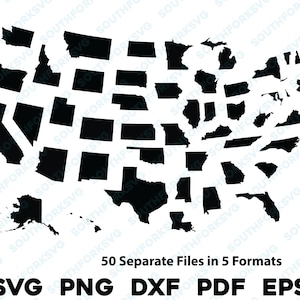 Simple 50 USA States Individual Silhouettes Shapes svg png dxf pdf eps vector graphic design cut engrave laser file image shapes map America