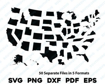 Simple 50 USA States Individual Silhouettes Shapes svg png dxf pdf eps vector graphic design cut engrave laser file image shapes map America