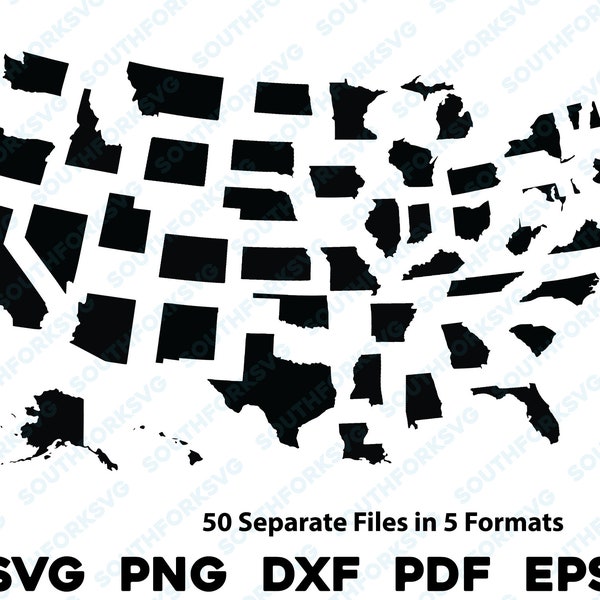 Simple 50 USA States Individual Silhouettes Shapes svg png dxf pdf eps vector graphic design cut engrave laser file image shapes map America