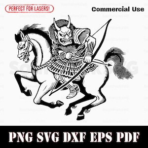May include: Black and white illustration of a demon warrior riding a horse and holding a bow and arrow. The demon has horns and a fierce expression.