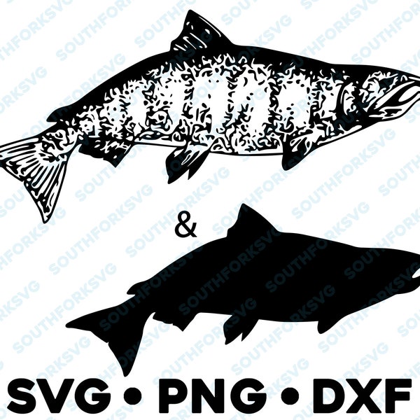 Salmon Coho King Chinook Atlantic Sockeye Salmon SVG PNG DXF vector graphic design transparent silhouette fly fishing fisherman rod lure