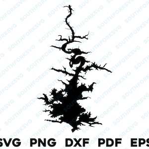 Mapa del lago Broken Bow, Oklahoma, silueta, SVG, PNG, DXF, PDF, EPS, diseño gráfico vectorial, corte, grabado, archivo láser, imagen, navegación, lago, casa