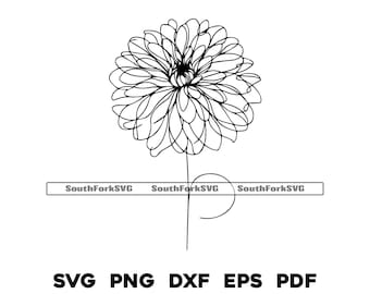 Può includere: Un disegno in bianco e nero di un singolo fiore di dalia con stelo.