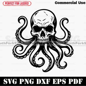 May include: A monochrome illustration featuring a skull combined with octopus tentacles. The image includes the text "Commercial Use" and "SVG PNG DXF EPS PDF". Suitable for laser cutting.