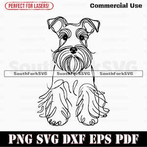 Może przedstawiać: Czarno-biała ilustracja liniowa sznaucera. Pies jest zwrócony przodem, z uszami uniesionymi do góry i ogonem zwiniętym.