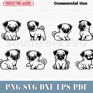 Cartoon Pug Chibi Bundle svg png dxf eps pdf | vector graphic cut file laser clip art | instant digital download commercial use